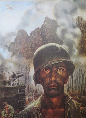 I found this picture of a painting by Tom Lea in "The Second World War" by Winston Churchill and the Editors of Life (1959). [A harrowed soldier has been fighting Japanese suicidal troops on the island of Pelelui - those up against today's right-wing extremists must feel the same way.]